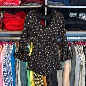 Princess black with red flowers long bell sleeve v neck romper size S